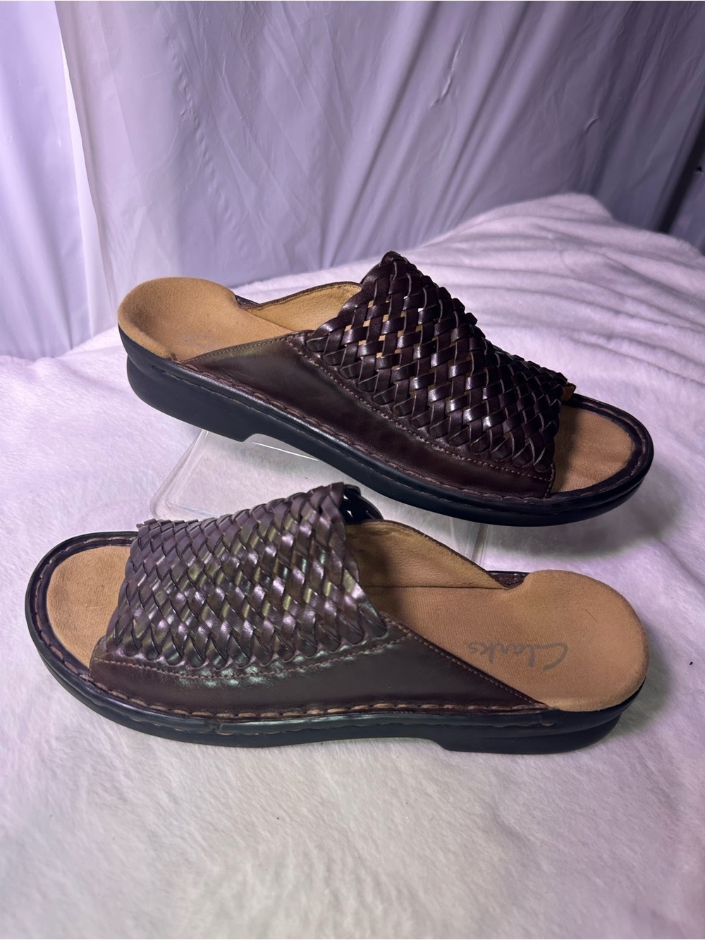 Clarks womenDark Brown Woven Leather Slide Sandals